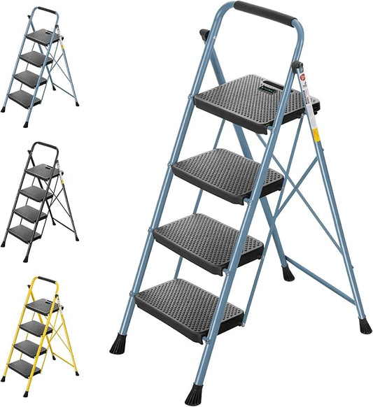 TICONN 4 Step Ladder, Heavy Duty Foldable Step Stool, Portable Steel Folding Stool for Household Garage Storage (Blue)