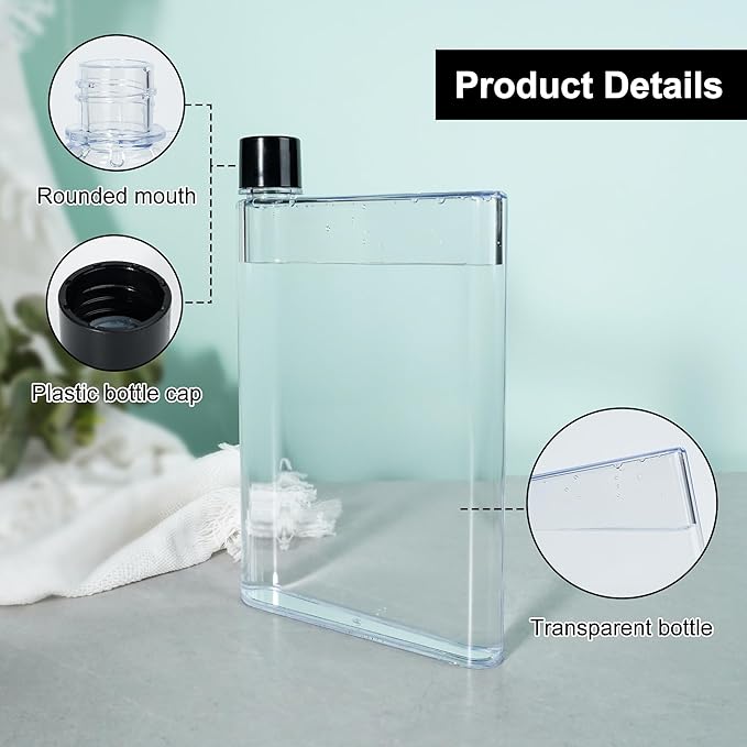 Flat Water Bottle 420ml,Plastic Portable Flat Water Bottle for Purse,Square Water Bottle Flat for Sports Gym Fitness Outdoor,Without Pattern