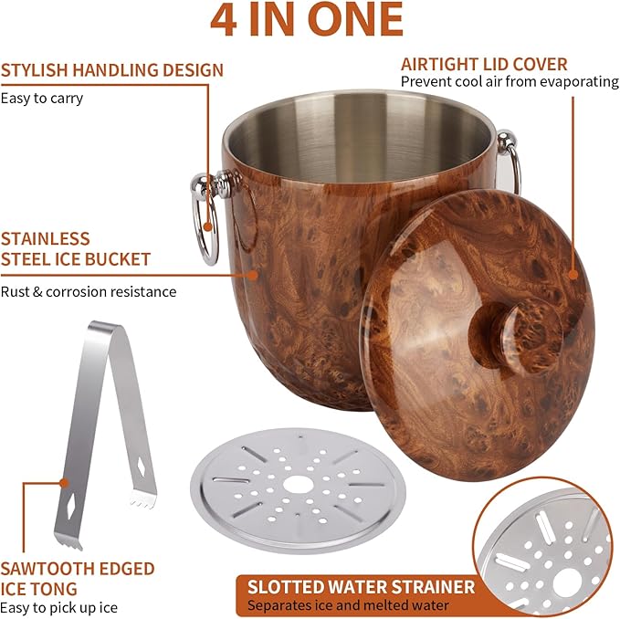 Ice Bucket with Lid, 3L Diamond Bottom Design Double Wall Stainless Steel Insulated Ice Bucket, Champagne Bucket, Wine Bucket for parties, cocktail bar, Teakwood