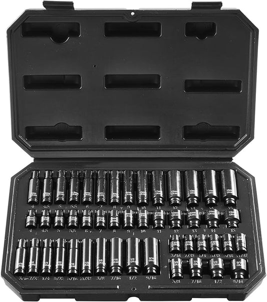 VEVOR Drive Impact Socket Set 1/4" - 48 Piece Deep & Shallow Socket Set SAE 3/16"-9/16" and Metric 4-15mm - 6 Point Cr-Mo Alloy Steel for Auto Repair - Easy-to-Read Size Markings Storage Case