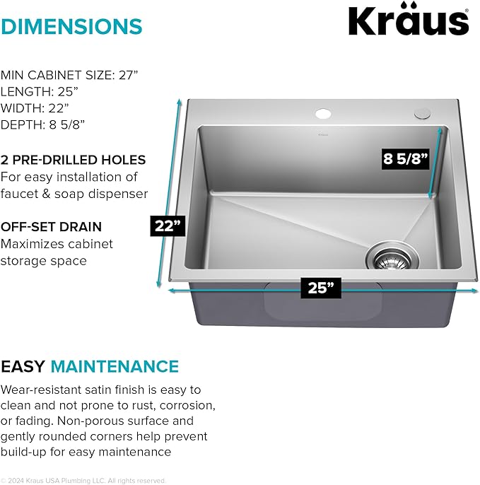 KRAUS Fairlane 25-inch Drop In/Top Mount Single Bowl 18-Gauge Stainless Steel Kitchen Sink, KHT641-25