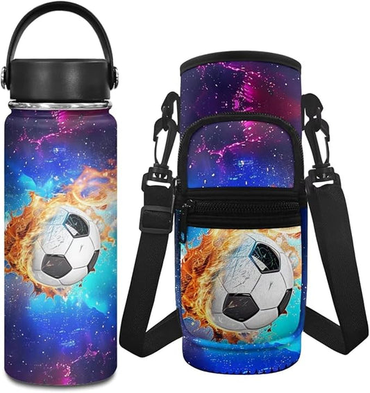 Soccer 18 OZ Stainless Steel Water Bottle Boys 2 Pcs Water Bottle Holder Carrier Sling Water Bottle Pouch Sleeve Vacuum Bottle