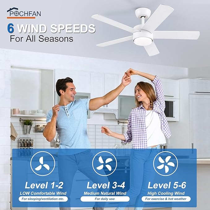 42 inch White Ceiling Fan with Lights and Remote Control, Dimmable Ceiling Fans with Lights,3-Color, Quiet Reversible 6-Speed, Wood Modern Ceiling Fan for Bedroom, Living Room, Dining Room