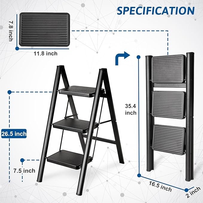 Double Elite Step Ladder 3 Step Folding, Sturdy 330 Lbs Small Step Stool for Adults, Safer Full Steel Multi-use Kitchen Ladder for Home, Closet Step Stool Ladder with Anti-Slip Wide Pedals, Black