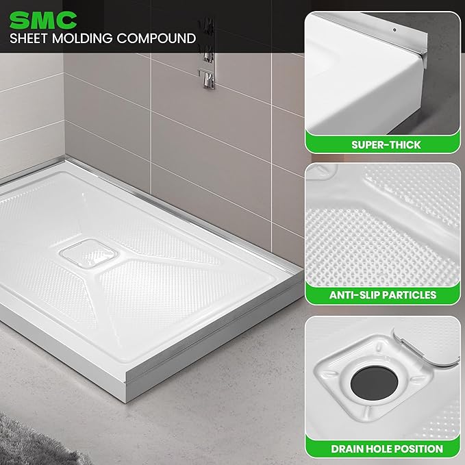 Shower Base in White Left Drainer Cover, Rectangular Shower Pan 48 "×32"×2.8", Anti-Slip Acrylic Shower Base for Bathroom
