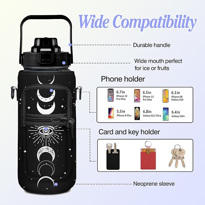 Goth Moon Half Gallon Water Bottle with Sleeve, 64 Oz Water Bottle with Measurements Marked, Leakproof-Free Drinking Water Bottle, Sports Water Bottle BPA Free Half Gallon Water Jugs