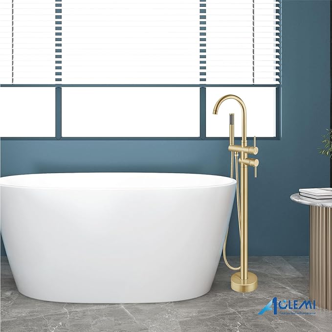Aolemi Floor Mount Bathtub Faucet Freestanding Tub Filler Standing High Flow Shower Faucets Shower Mixer Taps, Swivel Gooseneck Spout with Cylinder Handheld Brushed Gold