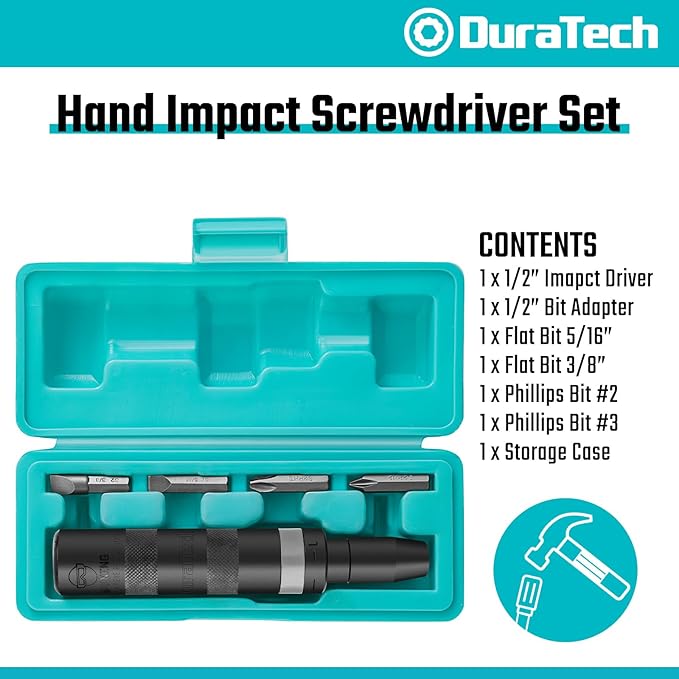 DURATECH 1/2 Inch Hand Impact Driver Set, Manual Reversible Impact Screwdriver Set, S2 Steel Bits, 5-Piece, for Tighten/Loosen Rusted or Frozen Fasteners, Organized in Storage Case