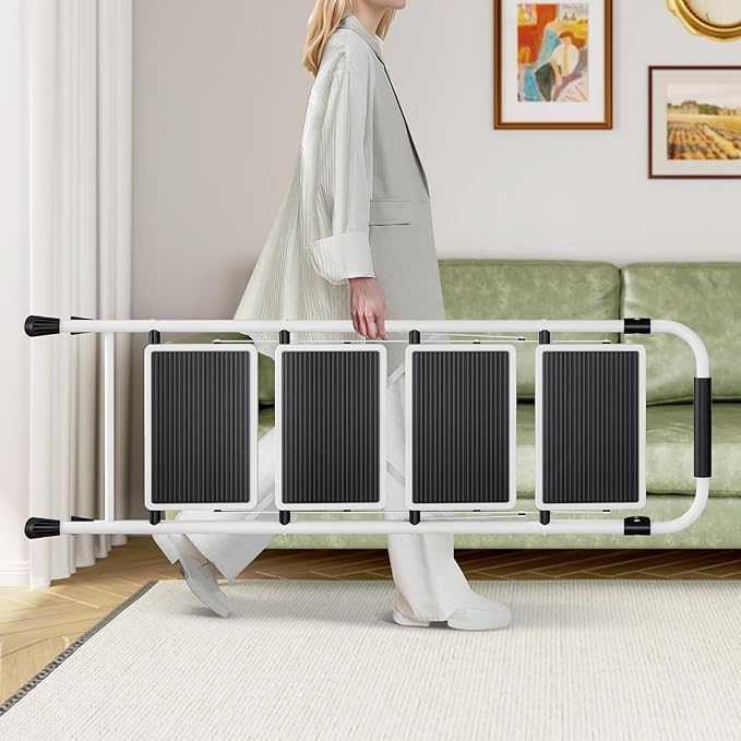 KINGRACK 4 Step Ladder, Folding Step Stool with Anti-Slip and Wide Pedal, Lightweight Stepladder with Handrails, Portable for Kitchen, Household, White