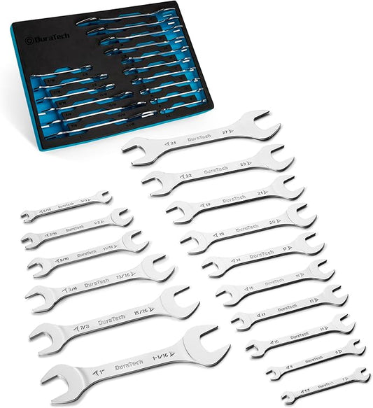 DURATECH Super-thin Open End Wrench Set, SAE(5/16" to 1-1/16") & Metric(5.5mm to 27mm), 16-Piece, Slim Spanner Wrench Set with EVA Tray Storage