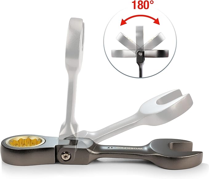 WORKPRO 8 Piece Flex Head Stubby Ratcheting Combination Wrench Set, Metric 9-17 mm, 72-Teeth, CRV, Nickel Plating with Rolling Pouch