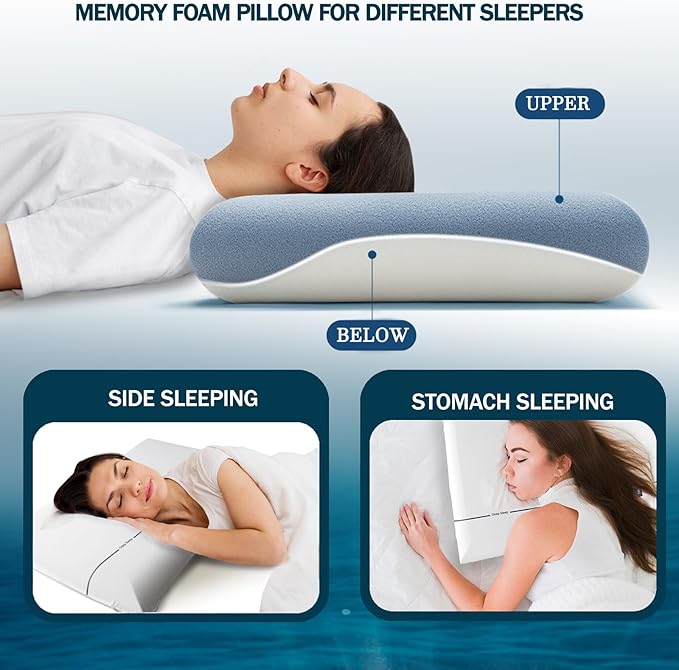 Grandisk Memory Foam Pillows for Neck Pain Relief Dual Core Side Back Stomach Cervical Pillow with Ergonomic