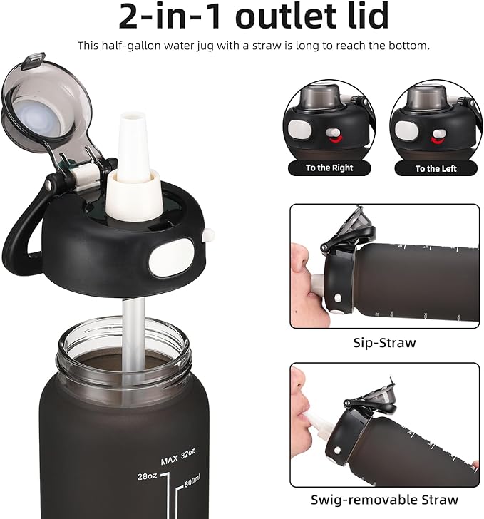 SIEROZUR 32 oz Glass Water Bottle with Straw and Handle Large Sports Motivational Water Bottle with Locking Lid and Time Marker Leakproof Water Jug for Daily Hydration Intake BPA Free