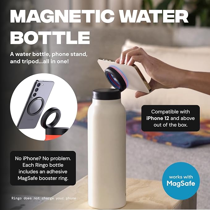 Ringo Insulated Water Bottle - Compatible MagSafe Water Bottle w/Phone Holder -Stainless Steel School Water Bottle w/Magnetic Phone Mount for Kids & Adult-Hot 12H, Cold 24H 360° Rotate - Orange 32oz