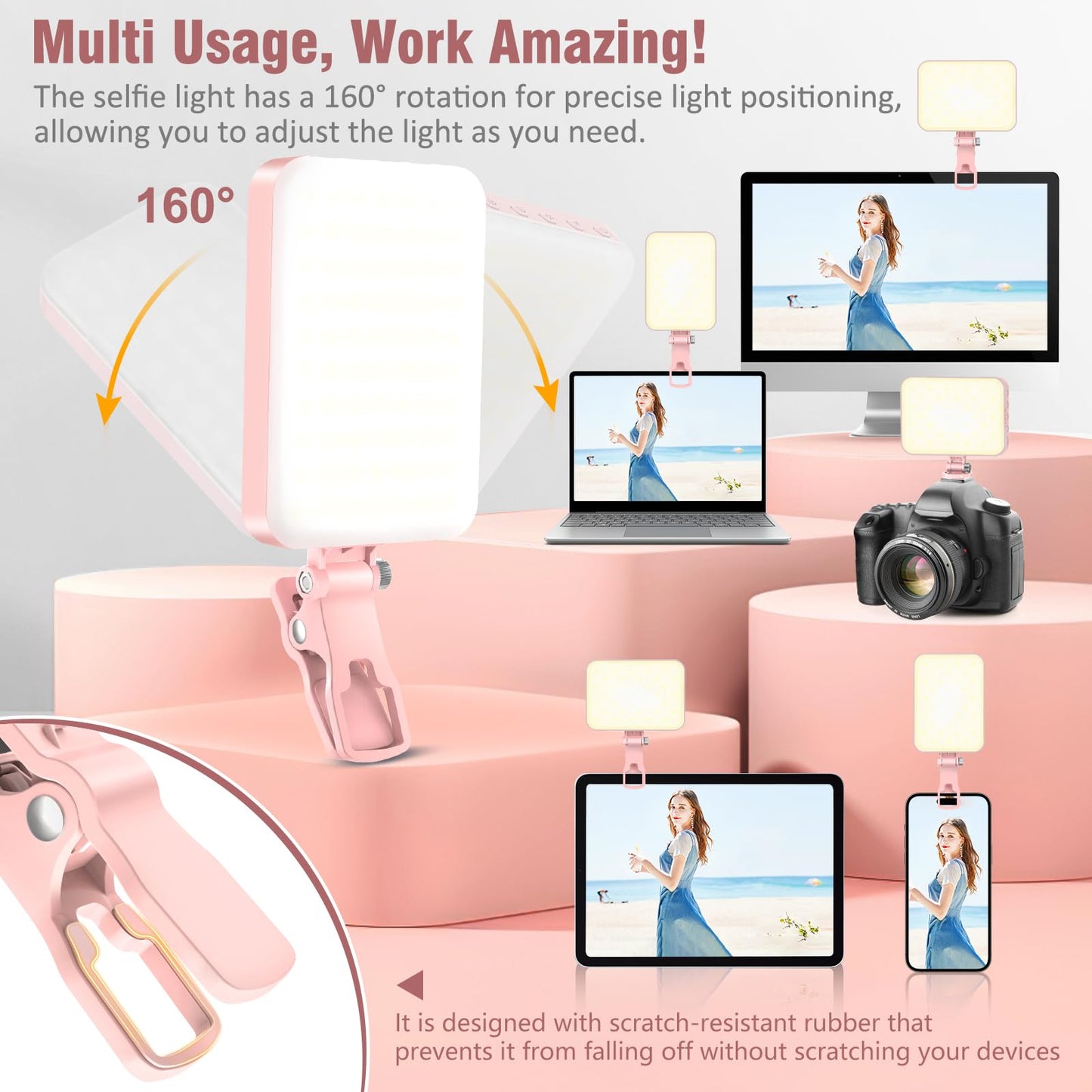 ALTSON 60 LED Portable Selfie Light Video Conference Lighting with Clip & Camera Tripod Adapter Rechargeable 2200mAh CRI 97+, 3 Light Modes for Phone iPhone Webcam Laptop Photo Makeup
