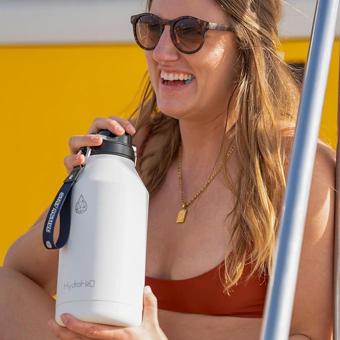 64 oz Insulated Water Bottle With Straw Pop-up & Auto Spout Lid, Flex Handel, Waterbottle Strap Carrier, Half Gallon Stainless Steel Water Hydro Jug Thermo Flask (Black)