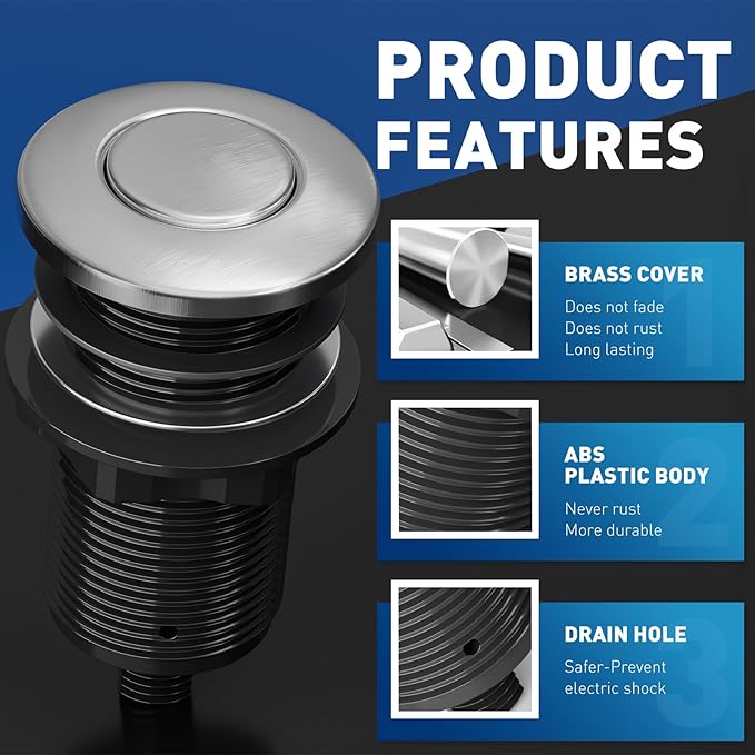 Garbage Disposal Air Switch Kit Sink Top Waste Disposal Long Stainless Steel Black On/Off Air Button Food and Waste Disposals Part, UL Listed