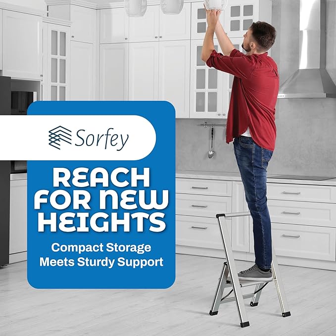 Step Ladder 1 Step Folding, Decorative - Beautiful Gray Wood & Silver Aluminum, Ultra Slim Profile, Anti Slip Steps, Sturdy-Portable for Home, Office, Kitchen, Photography Use,by SORFEY