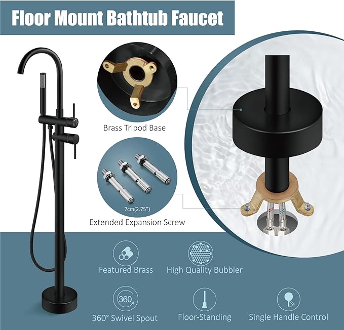 Aolemi Floor Mount Bathtub Faucet Freestanding Tub Filler Standing High Flow Shower Faucets Shower Mixer Taps, Swivel Gooseneck Spout with Cylinder Handheld Matte Black