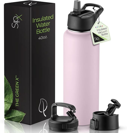 SipX™ Triple-Insulated Stainless Steel Water Bottle 40oz. With 3 Lids, BPA-Free Reusable Insulated Water Bottle Keeps Cold 24 Hours, Metal Water Bottle Made Of Sustainable Material For Hiking & Biking