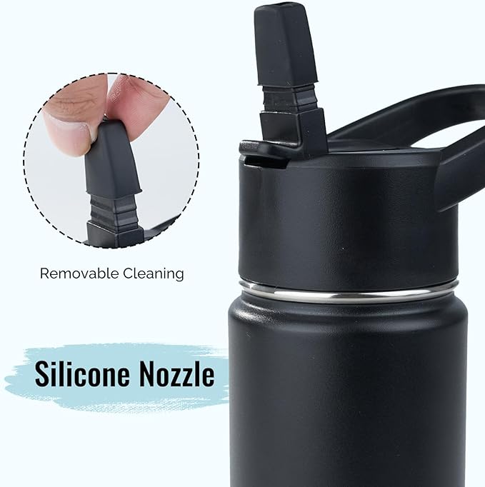 Stainless Steel Water bottle with Straw & Wide Mouth Lid, Wide Rotating Handle, 18oz Double Wall Vacuum Insulated Water Bottle Leak Proof, BPA Free, Keep Cold and Hot, 18oz, Black