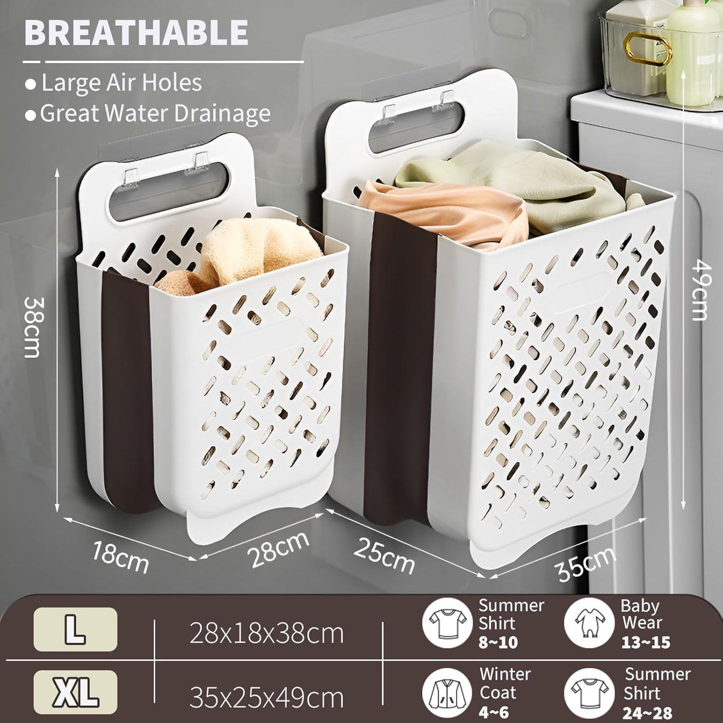 Plastic Collapsible Hanging Laundry Baskets with Carry Handle, Space-Saving Wall Hanging Laundry Basket Durable Tall Folding Plastic Laundry Hamper Waterproof Dirty Clothes Organizer XL+L