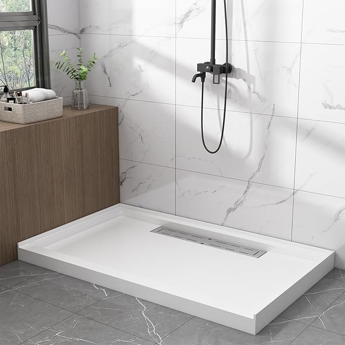 Acrylic Shower Base with Left or Right Drain, Single Threshold, Rectangular Shower Pan, Slip-Resistant Textured Surface,Includes Stainless Steel Chrome Trench Cover (white, 60"×32"×4")