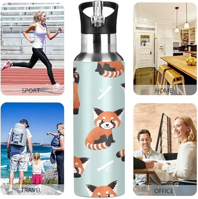 Blueangle Cute Red Panda Water Bottle with Straw, Insulation Stainless Steel Water Bottle BPA Free Water Jug for Fitness Camping Outdoor Sports