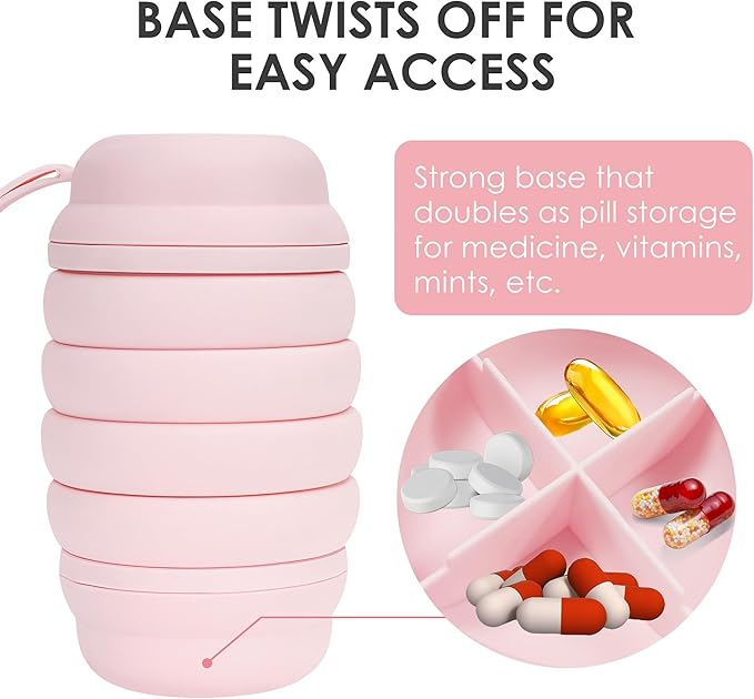 Collapsible Water Bottle, Reusable Water Bottle, 16 oz Water Bottle, Travel Sports, Pill Storage, Silicone Water Bottle, Lunch Bottle, BPA Free, Vitamin Storage. (Pink)