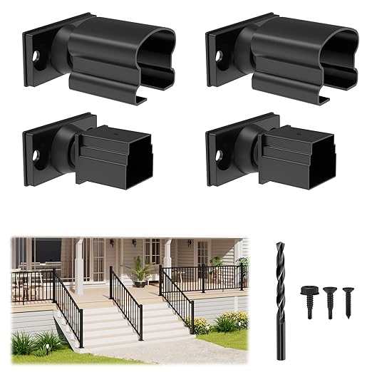 4 Pack Aluminum Adjustable Railing Bracket Connector with Drill Bit, Deck Railing Bracket, Black Textured Powder-Coat Finish Rail System for Outdoor Decks, Porches & Balconies