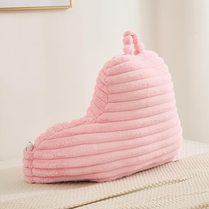 Faux Fur Fluffy Pink Reading Pillow with Pockets, Luxury Striped Plush Decorative, Arm Rests and Back Surport for Bed Rest, Lounging on sofa, Standard