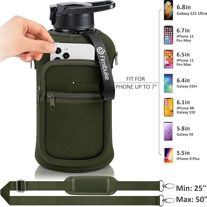 Fimibuke Half Gallon Water Bottle with Sleeve 64 OZ Water Bottle with Handle & Straw Leakproof Motivational Sports Gym Water Bottle with Time Marker BPA Free Water Jug with Reusable Neoprene Holder