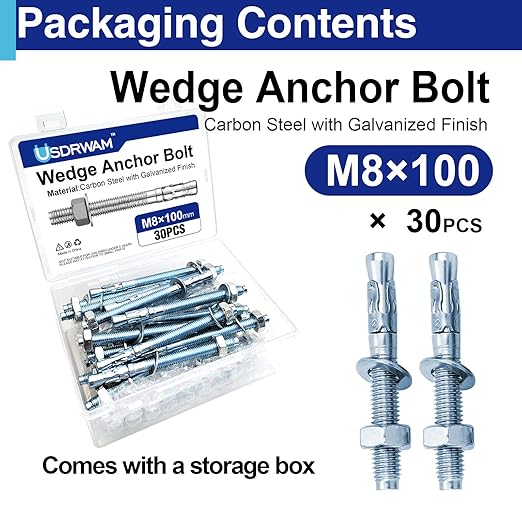 30Pcs M8×100mm Wedge Anchor Bolt, Carbon Steel Zinc Plated, Concrete Anchor Screws Kit, Anti-Rust Metric Expansion Bolts