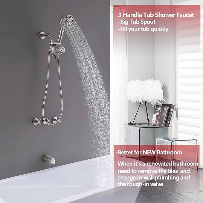 3 Handle Tub Shower Faucet Bathtub Shower Faucet Set With Tub Spout, Brushed Nickel Tub and Shower Trim Kit with Valve
