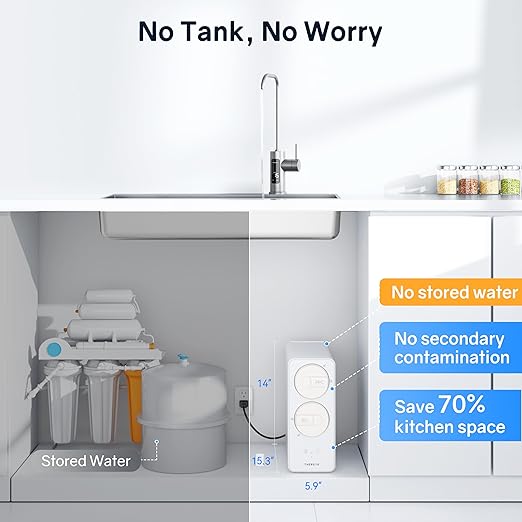 Thereye 8 Stage Reverse Osmosis System, 1000 GPD Tankless Reverse Osmosis Water Filter, Under Sink RO Water Filtration System, Reduce PFAS & TDS, Smart LED Faucet, 2:1 Pure to Drain, White