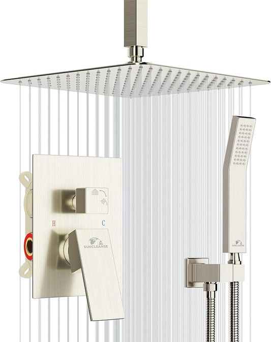 SunCleanse Rainfall Shower System Brushed Nickel Ceiling Mounted Shower System Combo Set with High Pressure 12 Inches Square Rain Shower Head Handheld and Shower Faucet Rough-in Mixer Valve and Trim