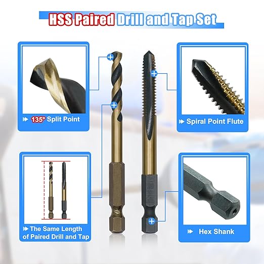 HighFire 22-Piece Hex Shank Drill and Tap Set for Metal, Impact Drill Bit Set, Upgrade Combination of Drill and Tap Set 6-32 UNC to 1/4-20 UNC, MRO & Industrial Grade, DIY Hex Screwdriver