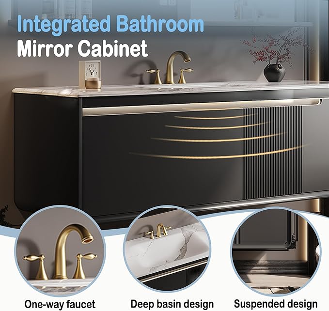 48IN Black Bathroom Vanity - Bathroom Vanity with Sink Featuring Infrared Body Sensor Lights & Smart LED Medicine Cabinet | Bathroom Cabinet with Door Panel Design & Ample Storage Space