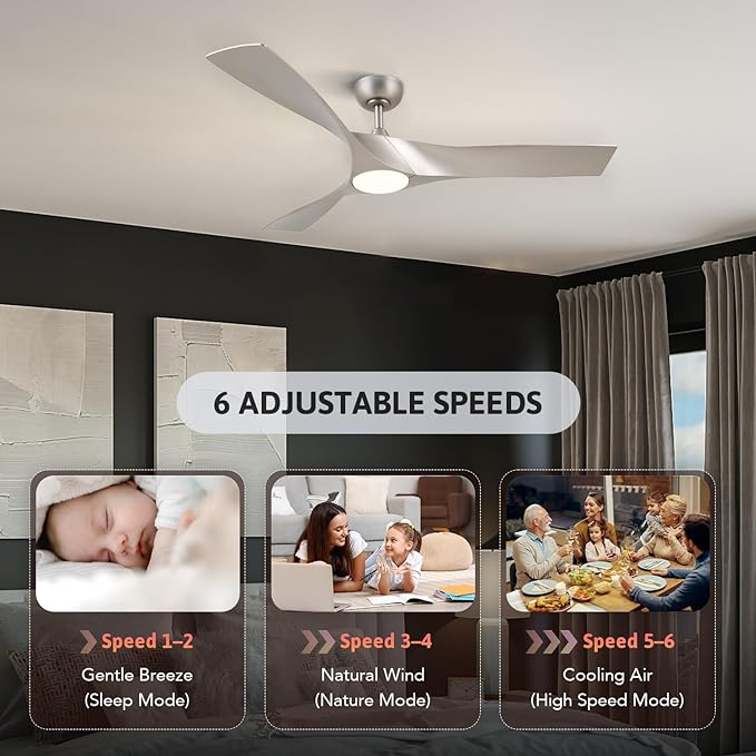 VONLUCE Ceiling Fans with Lights, 52 inch Ceiling Fan with Remote, 3 Blades, Noiseless 6-Speed Reversible DC Motor, Modern Ceiling Fan for Farmhouse Patio Bedroom Living Room, Nickel with Light