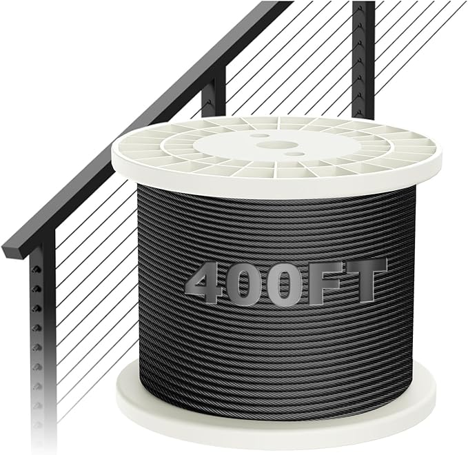 BLIKA 400FT 1/8" Black Stainless Steel Cable Railing with 7x7 Strand Construction, 1850lbs Breaking Strength for DIY Balustrades