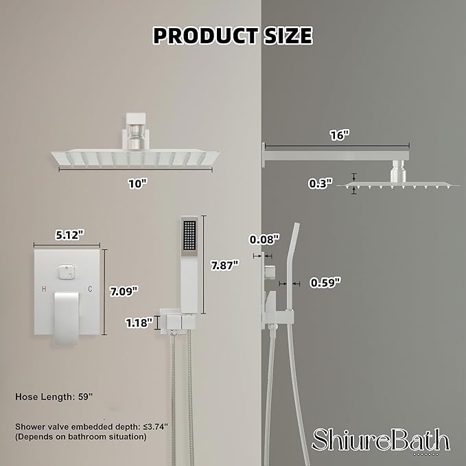 10 Inch Shower Faucet Set, Rainfall Shower System with Square Fixed Shower Head and High Pressure Handheld Shower Head, Spray Wall Mounted Rainfall Shower Fixtures, Brushed Nickel