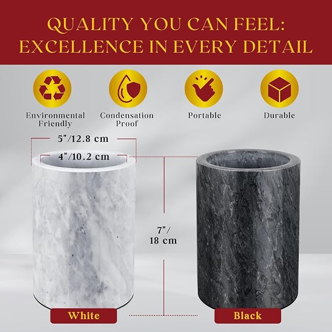 Flexzion Marble Wine Bottle Chiller Bucket - Champagne Cooler, 5x7-inch 750ml Black Marble Utensil Holder for Kitchen Counter & Stone Wine Chillers for Bottles