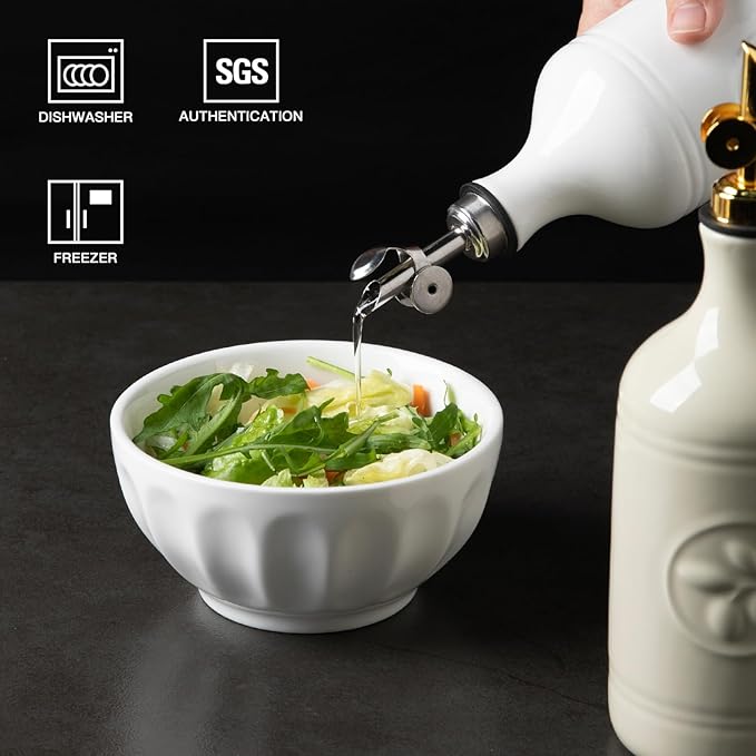 Sweejar 16 Oz Ceramic Olive Oil Dispenser Bottle, Oil Dispenser for Kitchen with Gravity Spout, Relief Opaque Oil Container for Evoo, Avocado Oil, Vinegar, Soy Sauce, 1 Pack(White, Silver Spout)