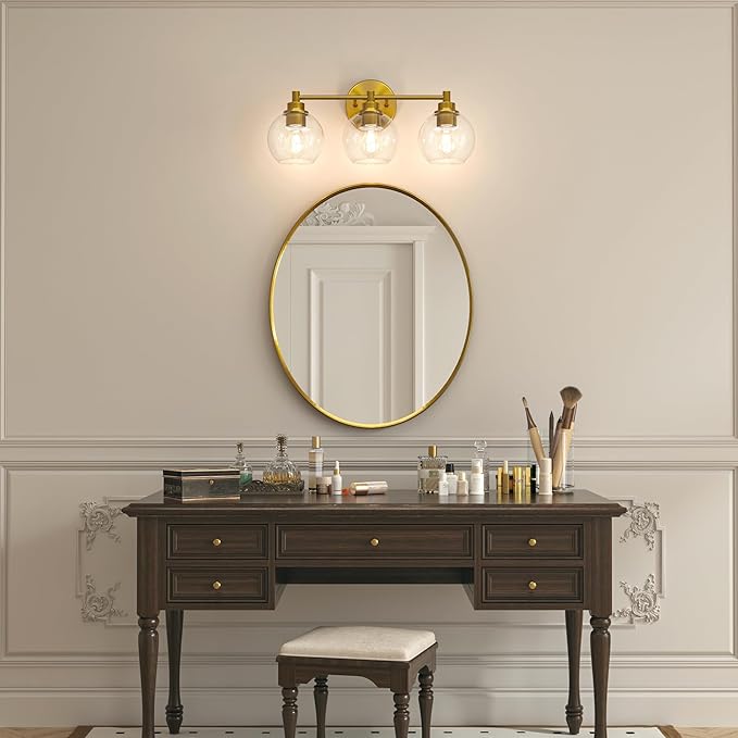 VONLUCE Bathroom Light Fixtures, 3-Light Bathroom Vanity Light with Globe Glass Shades E26 Sockets, Vanity Lights Over Mirror for Bedroom Hallway Living Room, Gold Finish