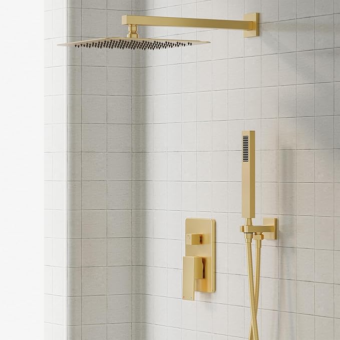 Gabrylly Gold Shower Head, Shower Faucet Set with High Pressure 10 Inch Rain Shower Head and Handheld Spray Combo, All Metal Shower Head Set with Shower Valve Kit, Brushed Gold