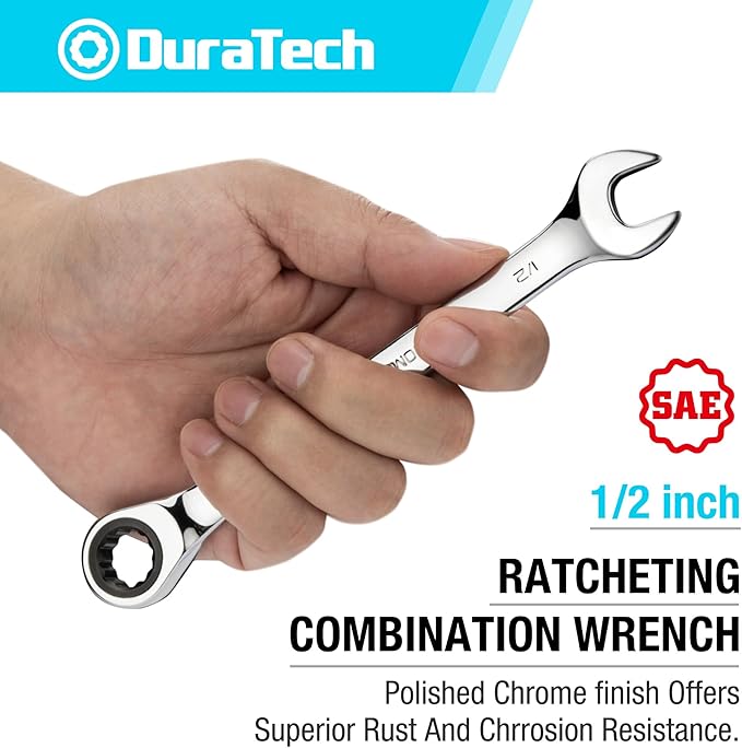 DURATECH 1/2" Ratcheting Combination Wrench, SAE, 72-Tooth, 12-Point, CR-V Constructed with Mirror Polish