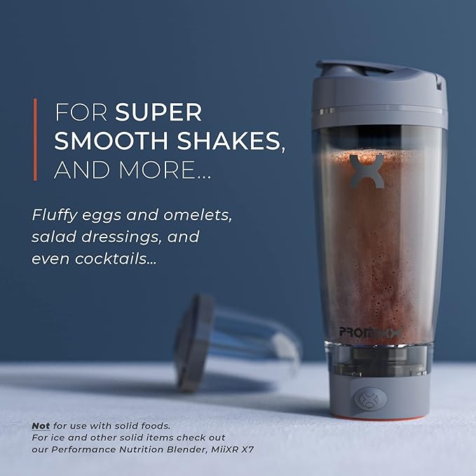 Promixx Pro Shaker Bottle | Rechargeable, Powerful for Smooth Protein Shakes | includes Supplement Storage - BPA Free | 20oz Cup (Silver White/Gray)