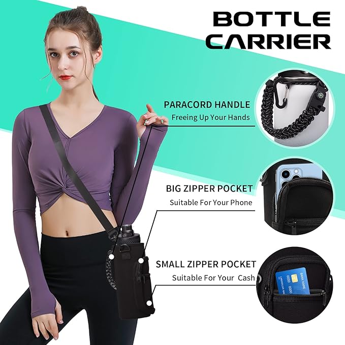 Stainless Steel Water Bottle 40oz with Straw & Auto Spout Lids, Paracord Handle, Insulated Water Bottle Carrier Bag & Bottle Protective Boot, Thermo Flask Metal Canteen Bottle Keep Cold-48H & Hot-24H