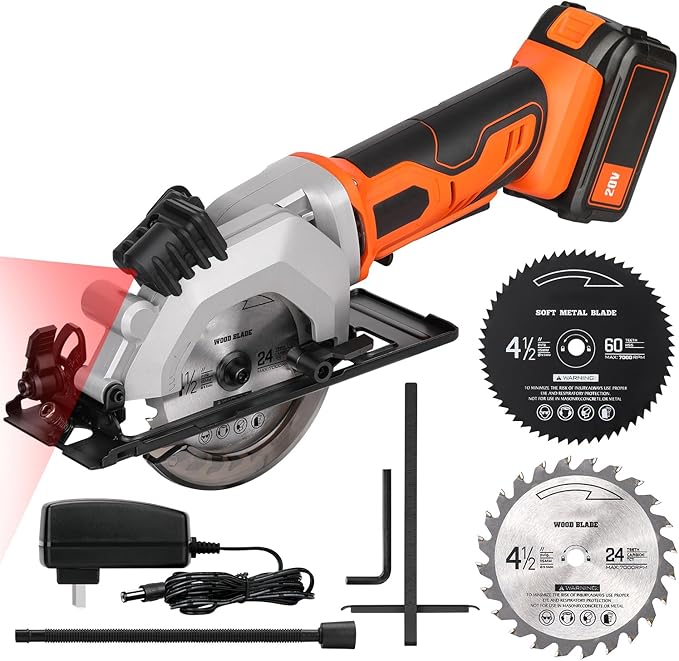 Mini Circular Saw - DC20V 4-1/2" Cordless, 4.0Ah Battery, Laser & Rip Guide, 2 Blades (24T & 60T), 3400 RPM, Max Cut Depth 1-11/16" (90°) & 1-1/8" (45°)