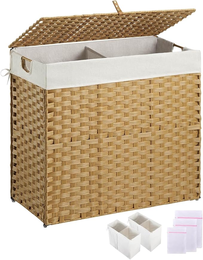 Greenstell Laundry Hamper with lid, No Install Needed, 130L Wicker Laundry Baskets Foldable 2 Removable Liner Bags, 2 Section Clothes Hamper Handwoven Rattan Laundry Basket with Handles, Natural